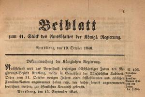 Bekanntmachung der Familiennamen der Juden 1846