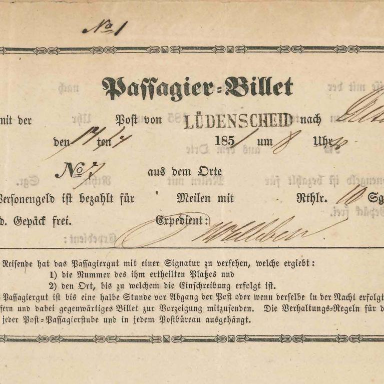 Passagier-Billet 14.4.1851 von Lüdenscheid nach Altena