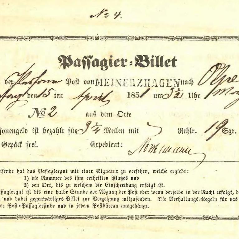 Passagier-Billet 15.4.1851 von Meinerzhagen nach Olpe