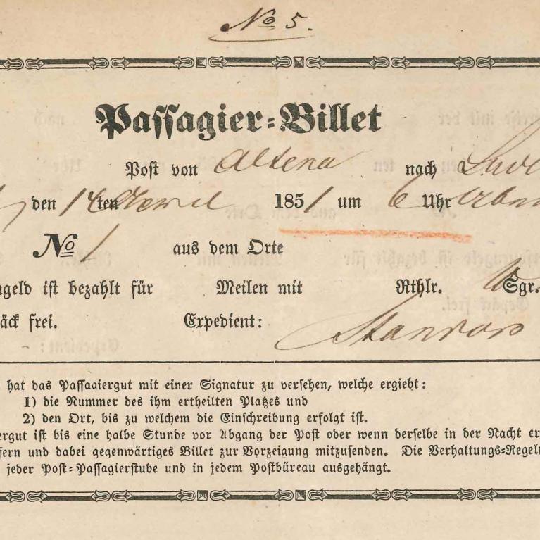 Passagier-Billet 14.4.1851 von Altena nach Lüdenscheid